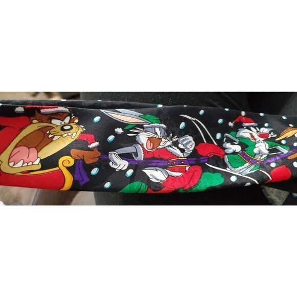 Vintage Looney Tunes Mania Christmas Tie Sleigh Taz Santa 1993 Polyester Black - Picture 5 of 7